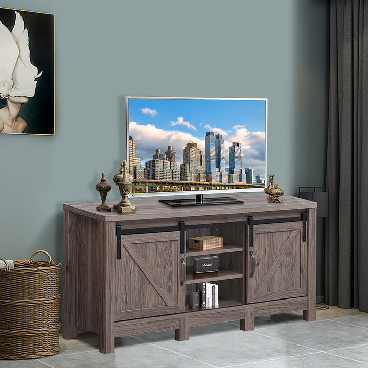 Costway - TV Stand Sliding Barn Door Entertainment Center for TV's up to 55'' with Storage - Deep Taupe_2