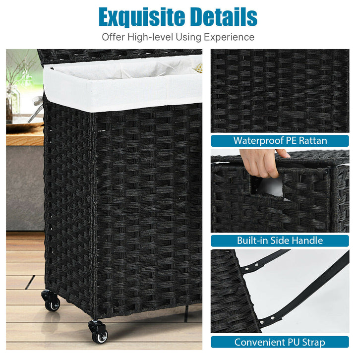 Costway Laundry Hamper w/Wheels & Lid, 125L 3-Section Clothes Hamper w/2 Liner Bags - Black_5