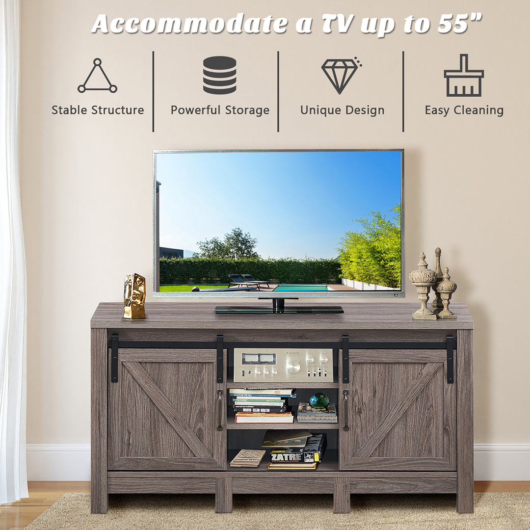 Costway - TV Stand Sliding Barn Door Entertainment Center for TV's up to 55'' with Storage - Deep Taupe_6