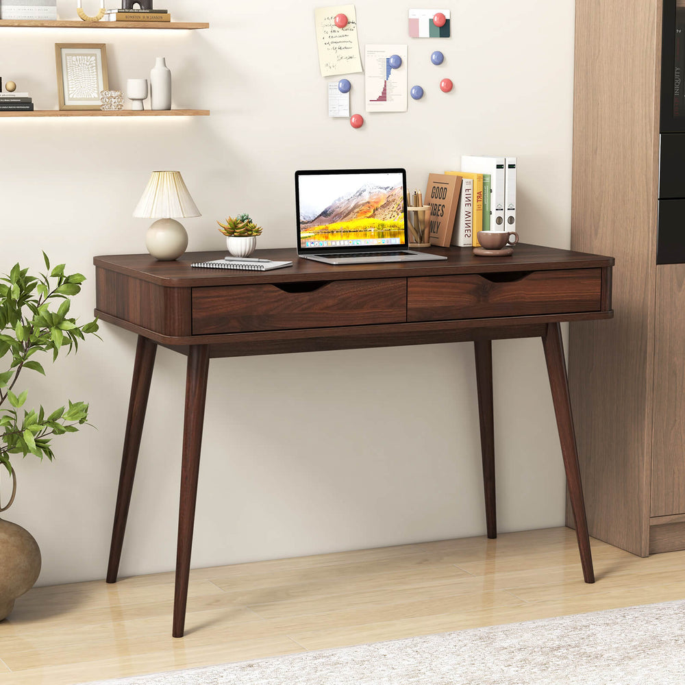 Costway - 43.5" Writing Desk with 2 Drawers Anti-Tipping Kits and Solid Rubber Wood Legs - Walnut_1