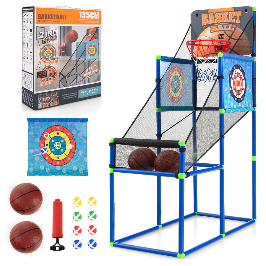 Costway - 2-in-1 Kids Basketball Arcade & Sticky Balls Game w/Electronic Scoreboard Sound - Blue_0