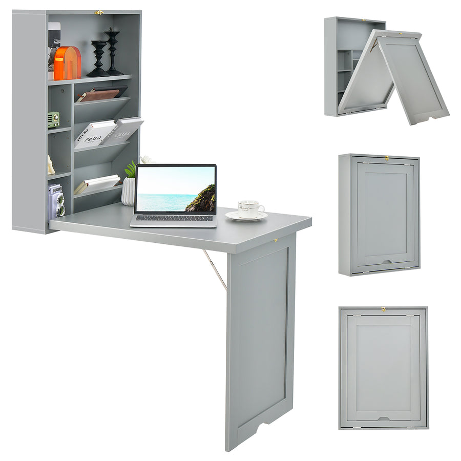 Costway - Wall Mounted Computer Convertible Desk Floating Desk with Storage Bookcases - Gray_0