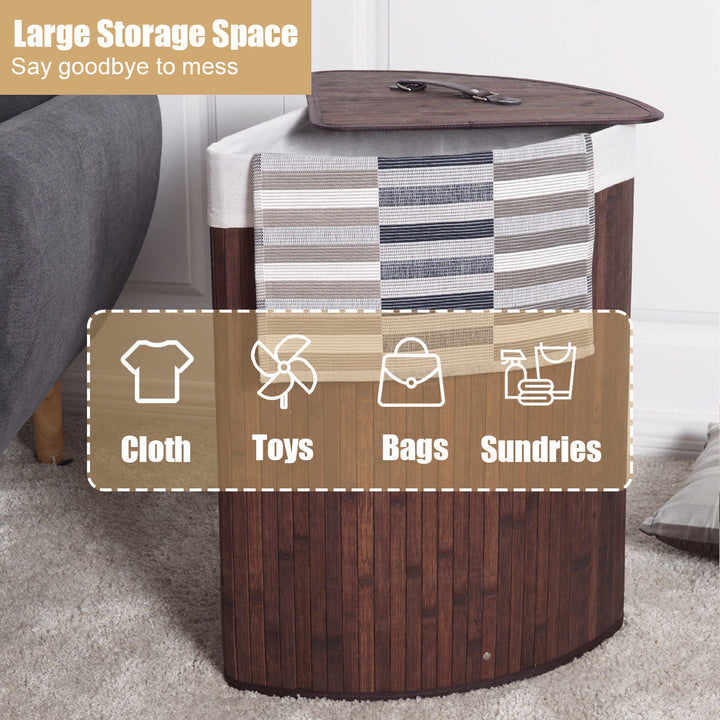 Costway Corner Bamboo Hamper Laundry Basket Washing Cloth Bin Storage Bag Lid Brown - Brown_3