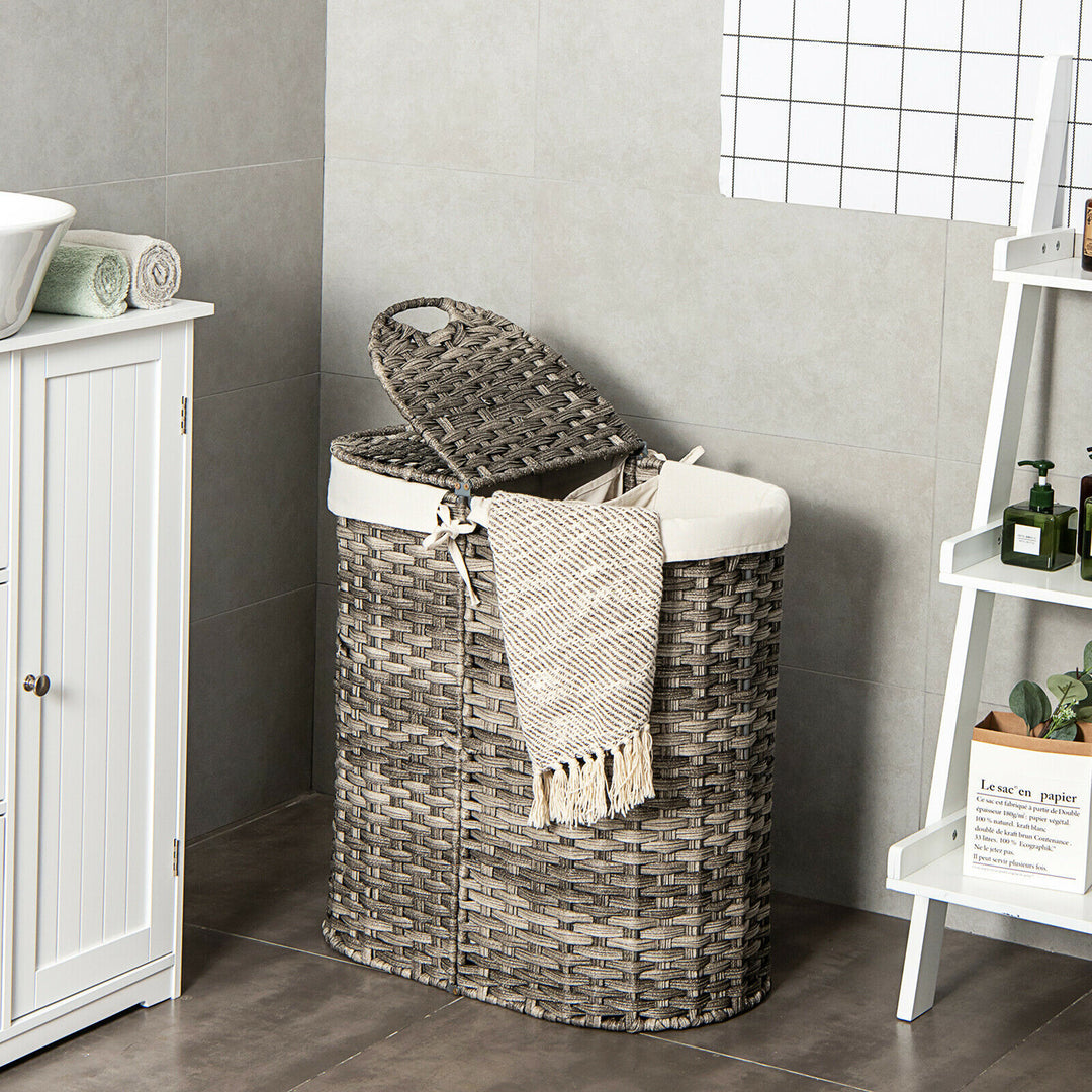 Costway Handwoven Laundry Hamper Laundry Basket w/2 Removable Liner Bags Grey - Grey_1