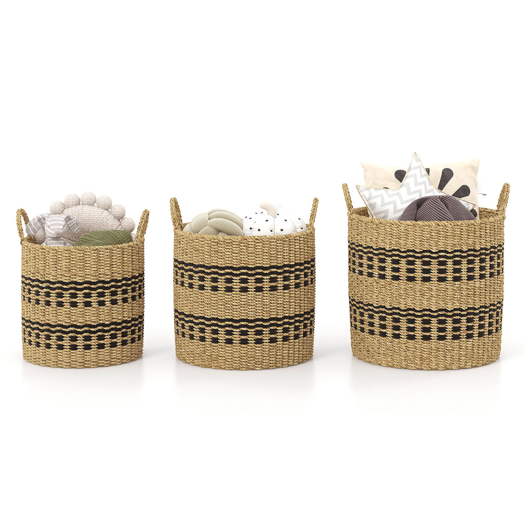 Costway Seagrass Basket Set of 3 Stackable Storage Bins w/ Handles Home Organizers - Natural_9