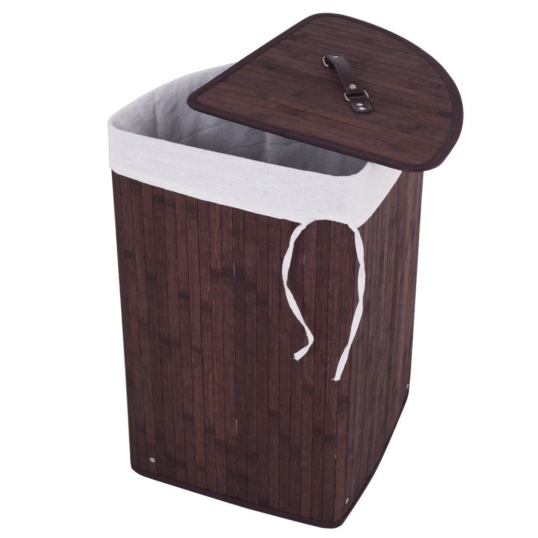 Costway Corner Bamboo Hamper Laundry Basket Washing Cloth Bin Storage Bag Lid Brown - Brown_9