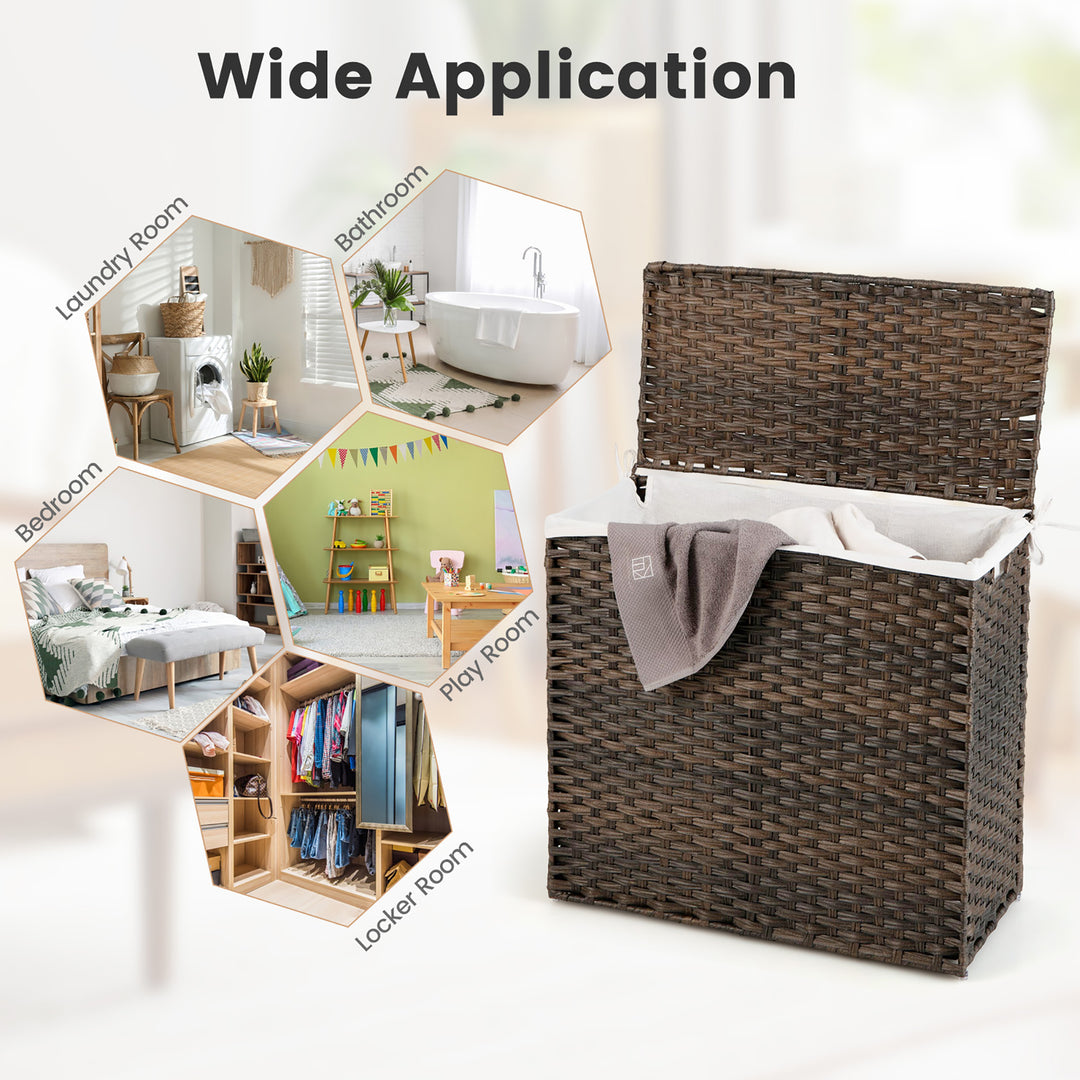 Costway 110L 3-Section Laundry Hamper w/Lid&Handle PE Rattan Clothes Hamper w/Liner Bag - Brown_8