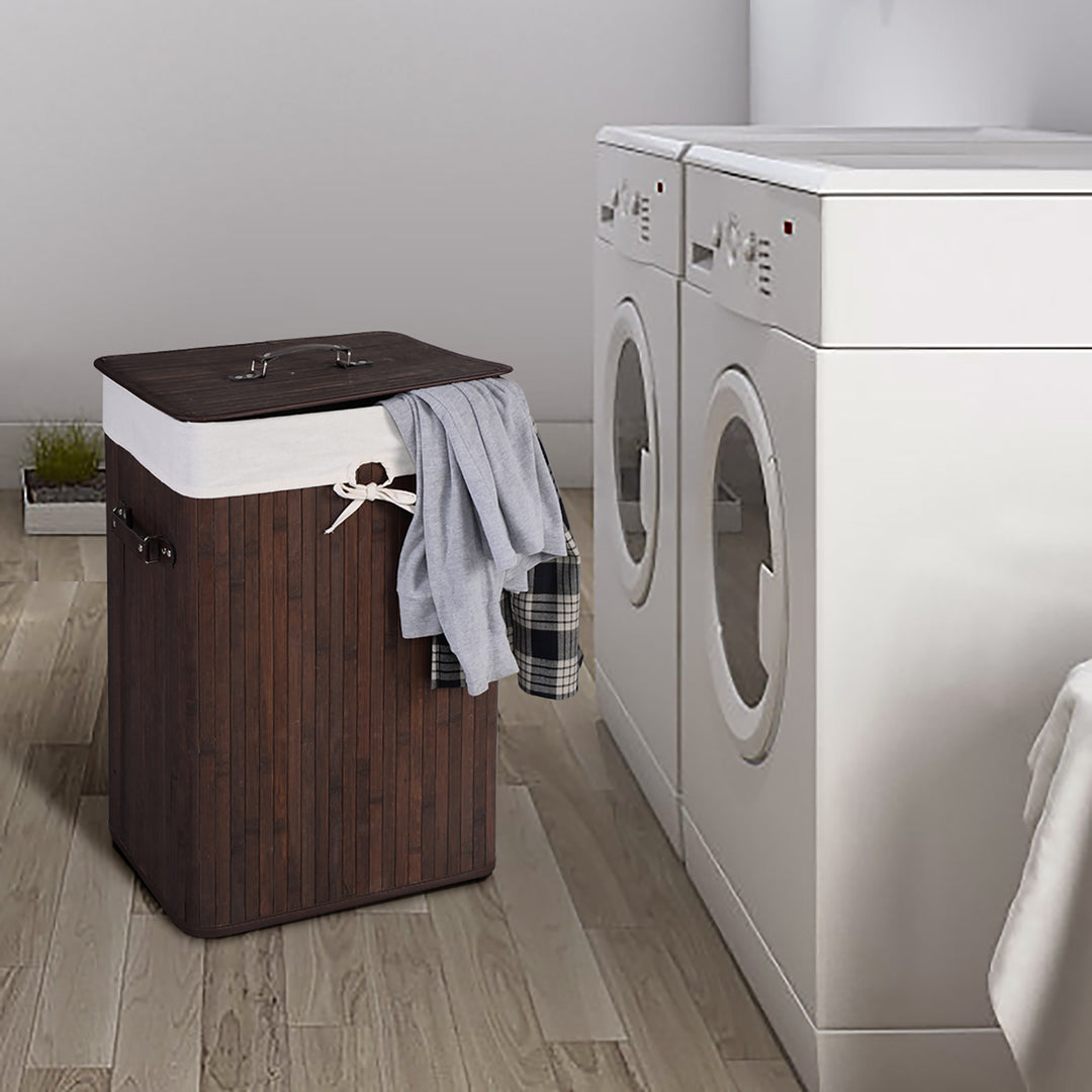 Costway Rectangle Bamboo Hamper Laundry Basket Washing Cloth Bin Lid Brown - Deep Brown/White_2