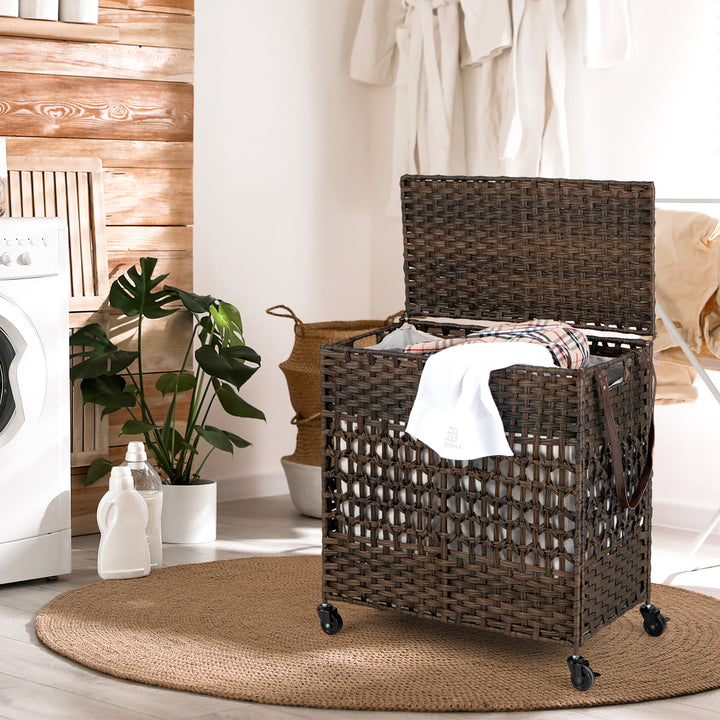 Costway 110L Laundry Hamper w/Wheels Clothes Basket w/Lid and Handle and 2 Liner Bags - Brown_1