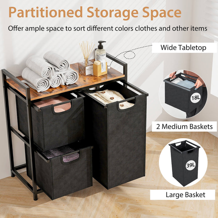 Costway Freestanding Laundry Hamper Basket Organizer w/ 3 Pull-Out Removable Bags - Black, Rustic Brown_5