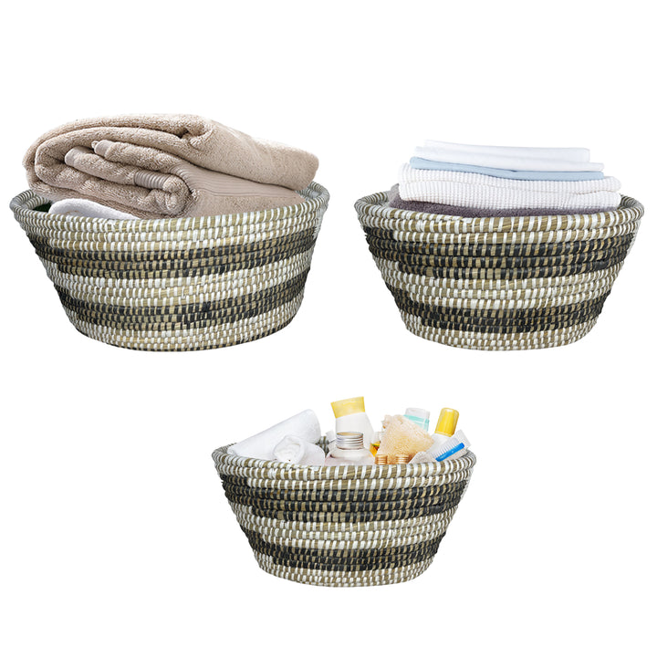 Costway Natural Canes Grass Baskets Stackable Storage Bins Set of 3 w/ Hollowed Handles - White, Black_0