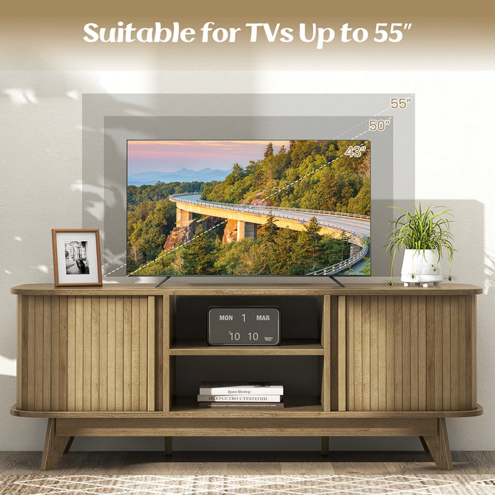 Costway - TV Stand for TV up to 55 Inch Television Cabinet with 2 Open Shelves Sliding Doors - Oak_8