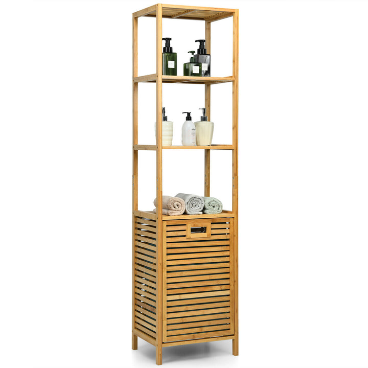 Costway Bathroom Tilt-out Laundry Hamper Bamboo Tower Hamper w/3-Tier Shelves - Natural Color_0