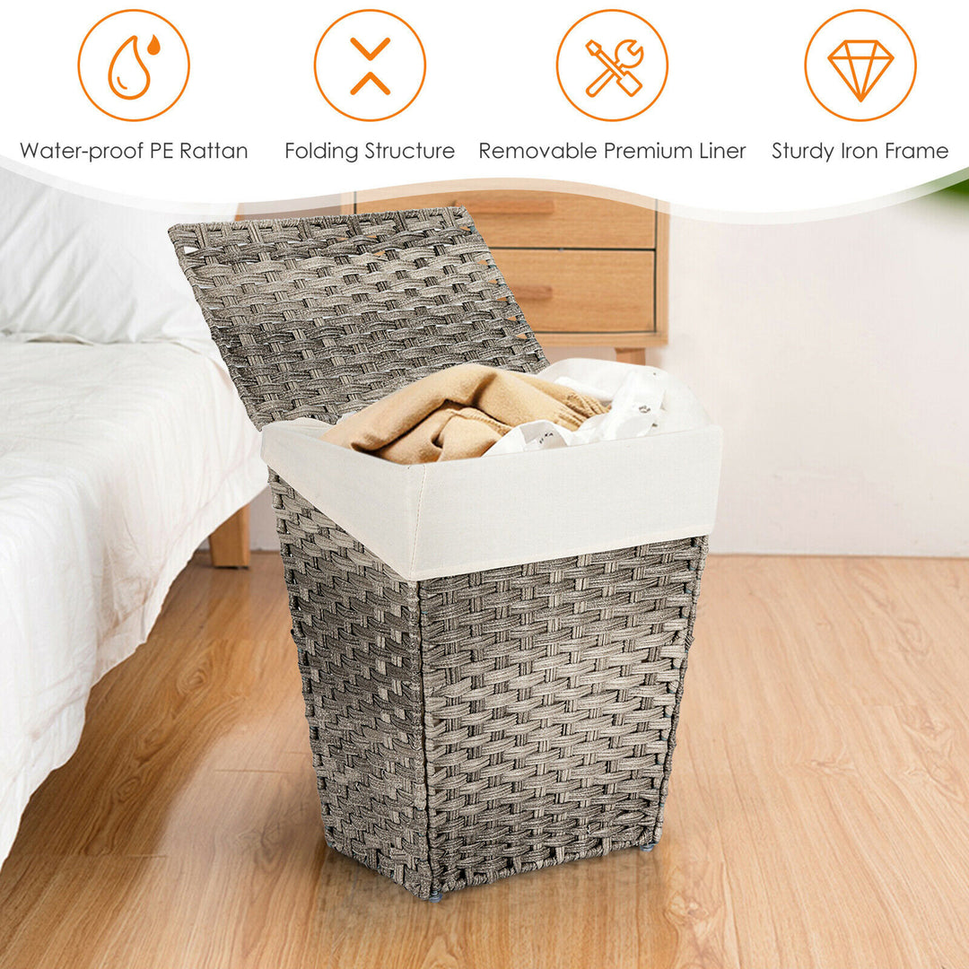 Costway Handwoven Laundry Hamper Foldable w/Removable Liner, Lid & Handles Grey - Grey_5