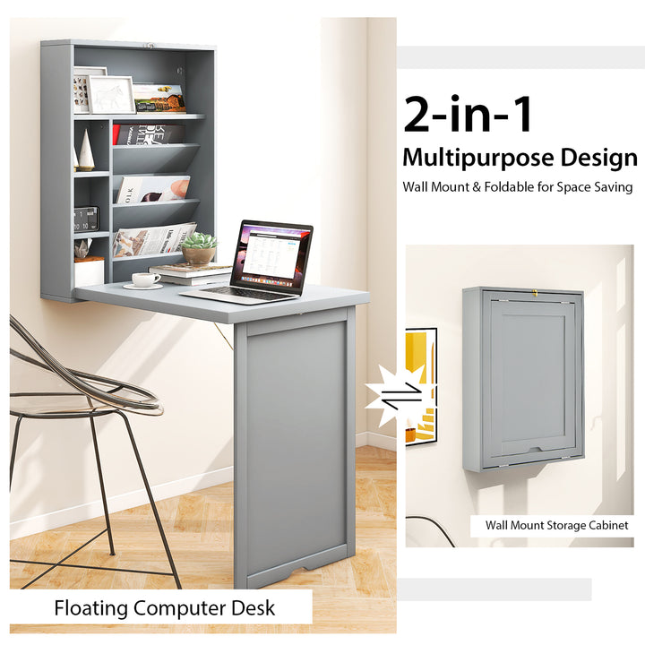 Costway - Wall Mounted Computer Convertible Desk Floating Desk with Storage Bookcases - Gray_8