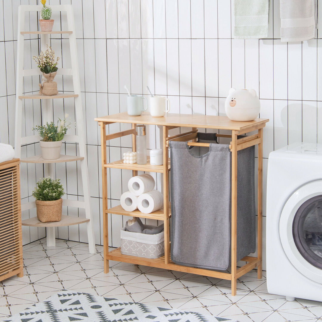 Costway Laundry Hamper Basket Table Bamboo w/Storage Shelves and Sliding Bag - Natural_1