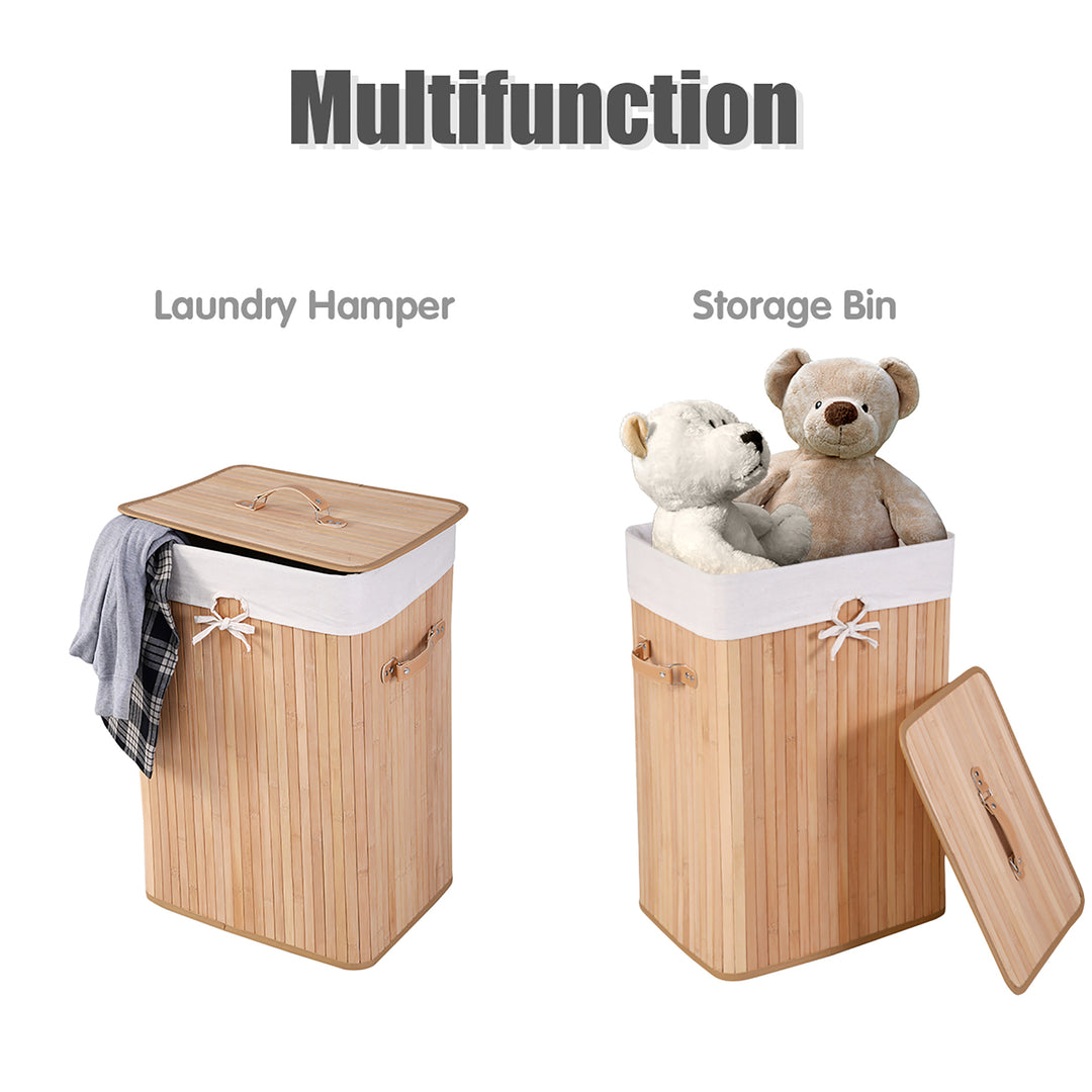 Costway Rectangle Bamboo Hamper Laundry Basket Washing Cloth Bin Bag Lid Natural - Natural/White_7