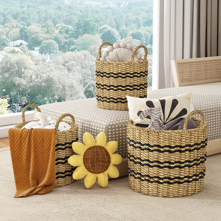 Costway Seagrass Basket Set of 3 Stackable Storage Bins w/ Handles Home Organizers - Natural_1