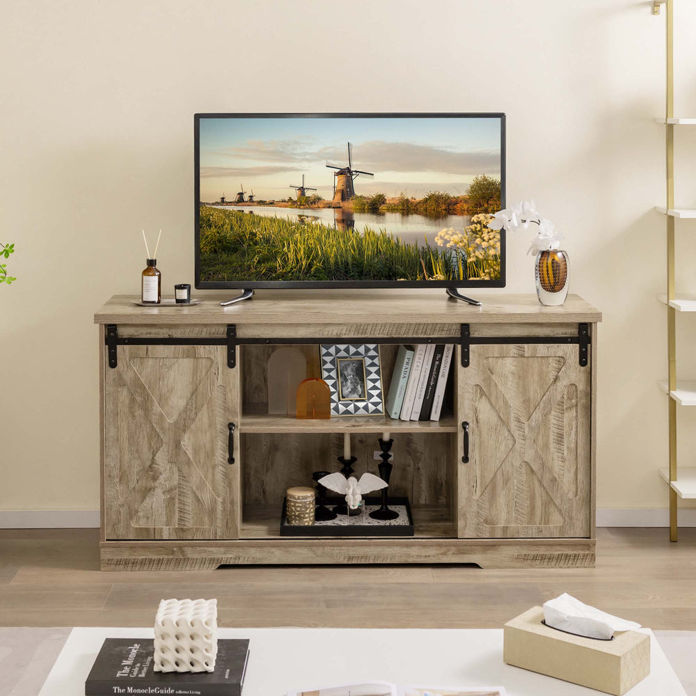 Costway - TV Stand Farmhouse Cabinet Sliding Barn Door Adjustable Shelves for TV up to 65'' - Gray Oak_1