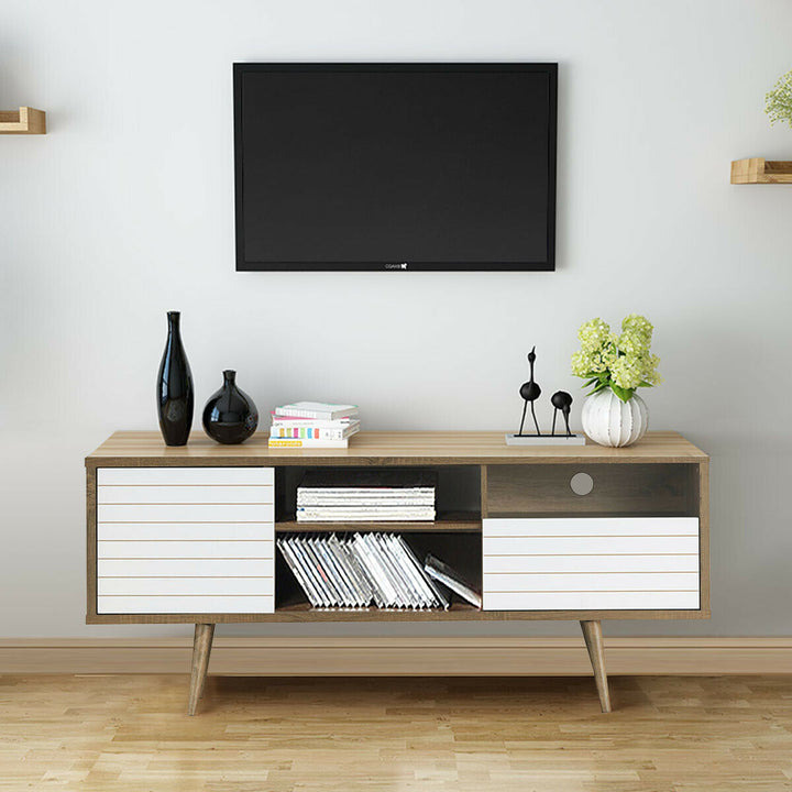 Costway - Modern TV Stand/Console Cabinet 3 Shelves Storage Drawer Splayed Leg Wood/White - Oak/White_4