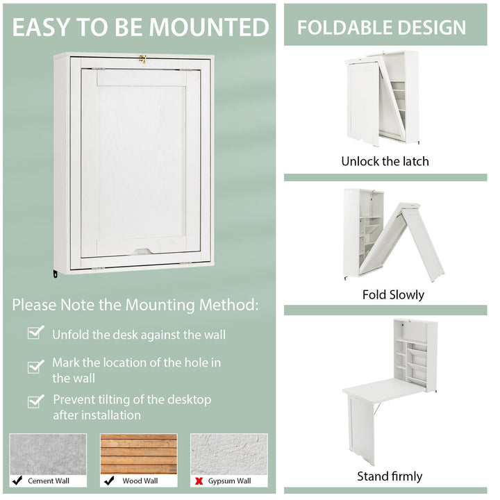 Costway - Wall Mounted Computer Convertible Desk Floating Desk with Storage Bookcases - White_5