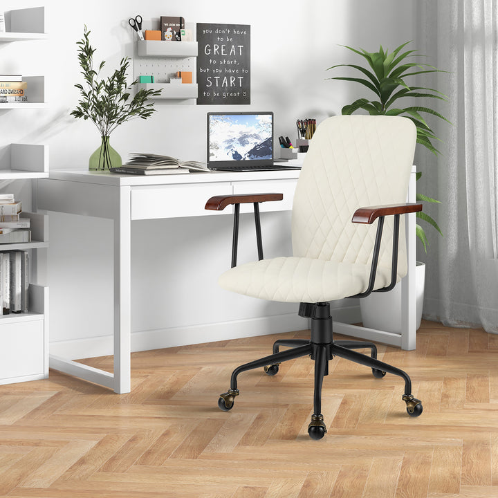 Costway - Velvet Home Office Chair Swivel Adjustable Task Chair with Wooden Armrest - Beige_3