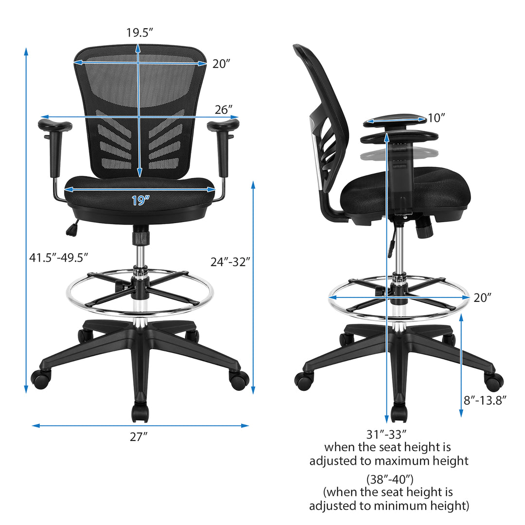 Costway - Mesh Drafting Chair Office Chair with Adjustable Armrests and Foot-Ring - Black_2