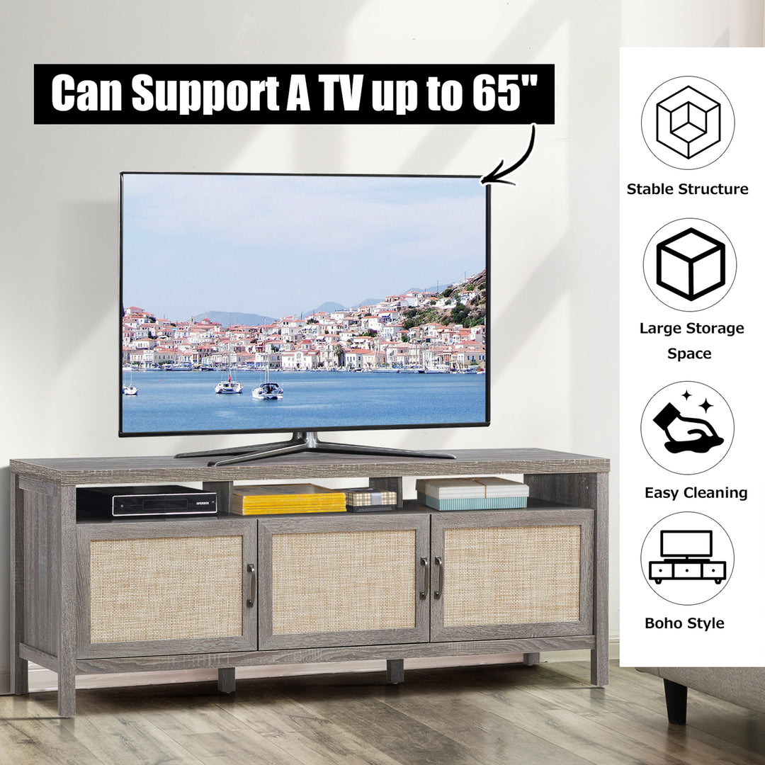 Costway - TV Stand Entertainment Media Center for TV's up to 65'' w/ Rattan Doors Grey Oak - Gray Oak_6