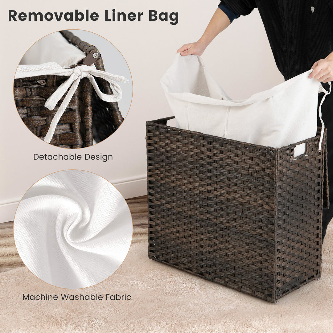 Costway 110L 3-Section Laundry Hamper w/Lid&Handle PE Rattan Clothes Hamper w/Liner Bag - Brown_7