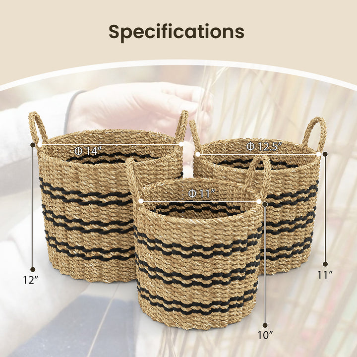 Costway Seagrass Basket Set of 3 Stackable Storage Bins w/ Handles Home Organizers - Natural_2