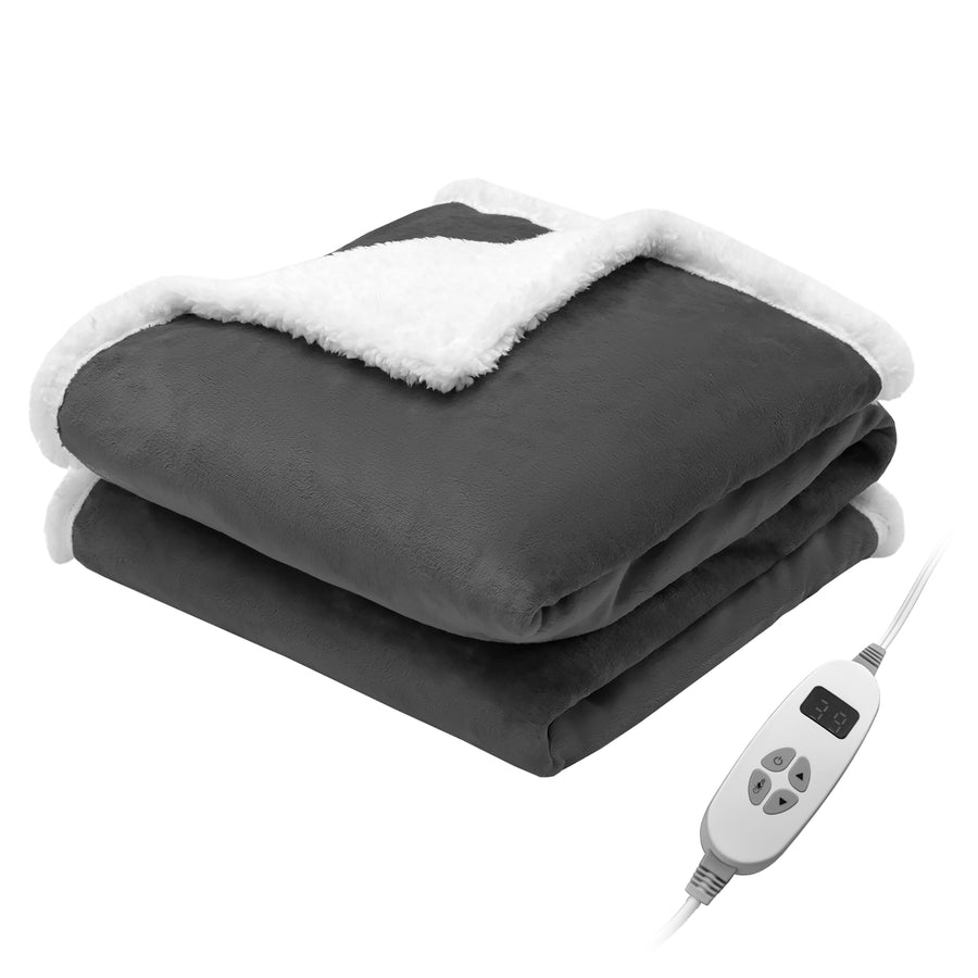 Costway - 50'' x 60'' Heated Blanket Throw Reversible Flannel & Sherpa Blanket - Grey_0