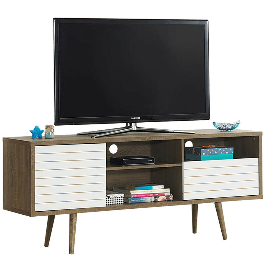 Costway - Modern TV Stand/Console Cabinet 3 Shelves Storage Drawer Splayed Leg Wood/White - Oak/White_0