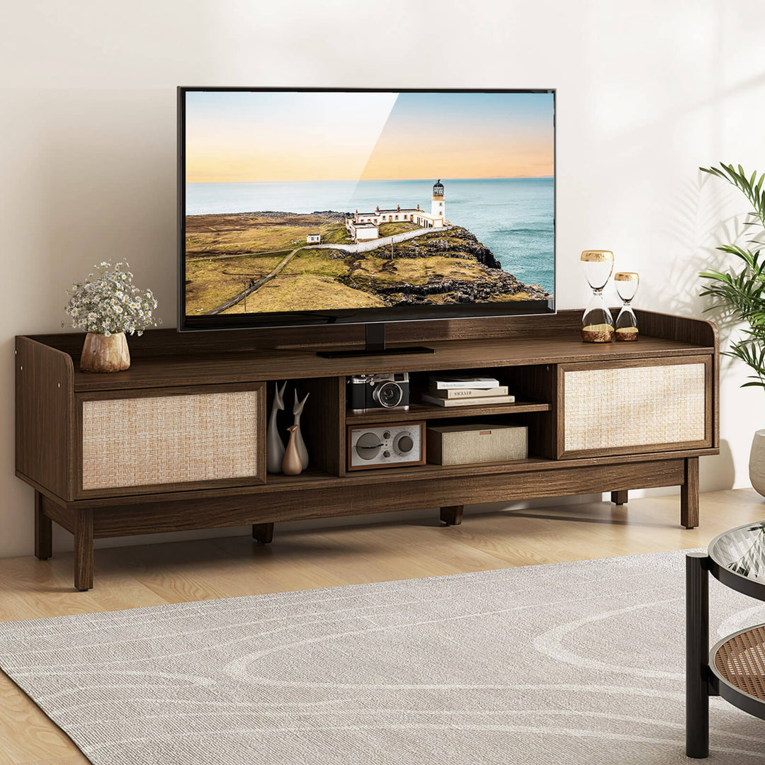 Costway - Wooden TV Stand for TVs up to 65" with Storage Adjustable Shelf & Sliding Doors Walnut - Walnut/Beige_3