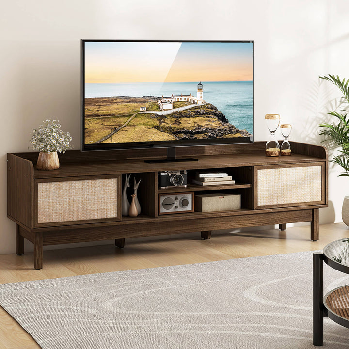 Costway - Wooden TV Stand for TVs up to 65" with Storage Adjustable Shelf & Sliding Doors Walnut - Walnut/Beige_3