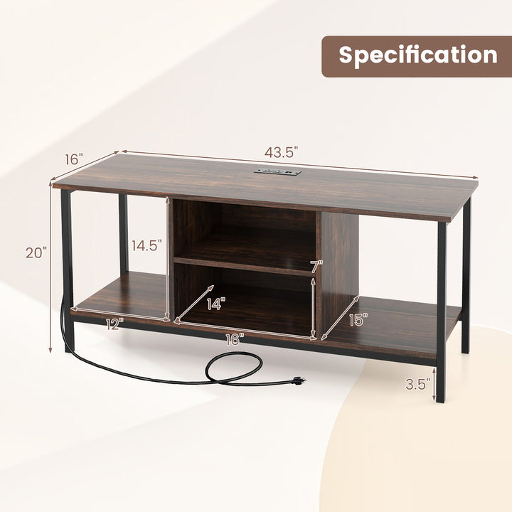 Costway - TV Console Table w/ Power Outlets 50" Industrial TV Stand w/ Open Shelves & Compartments - Rustic Brown/Black_2