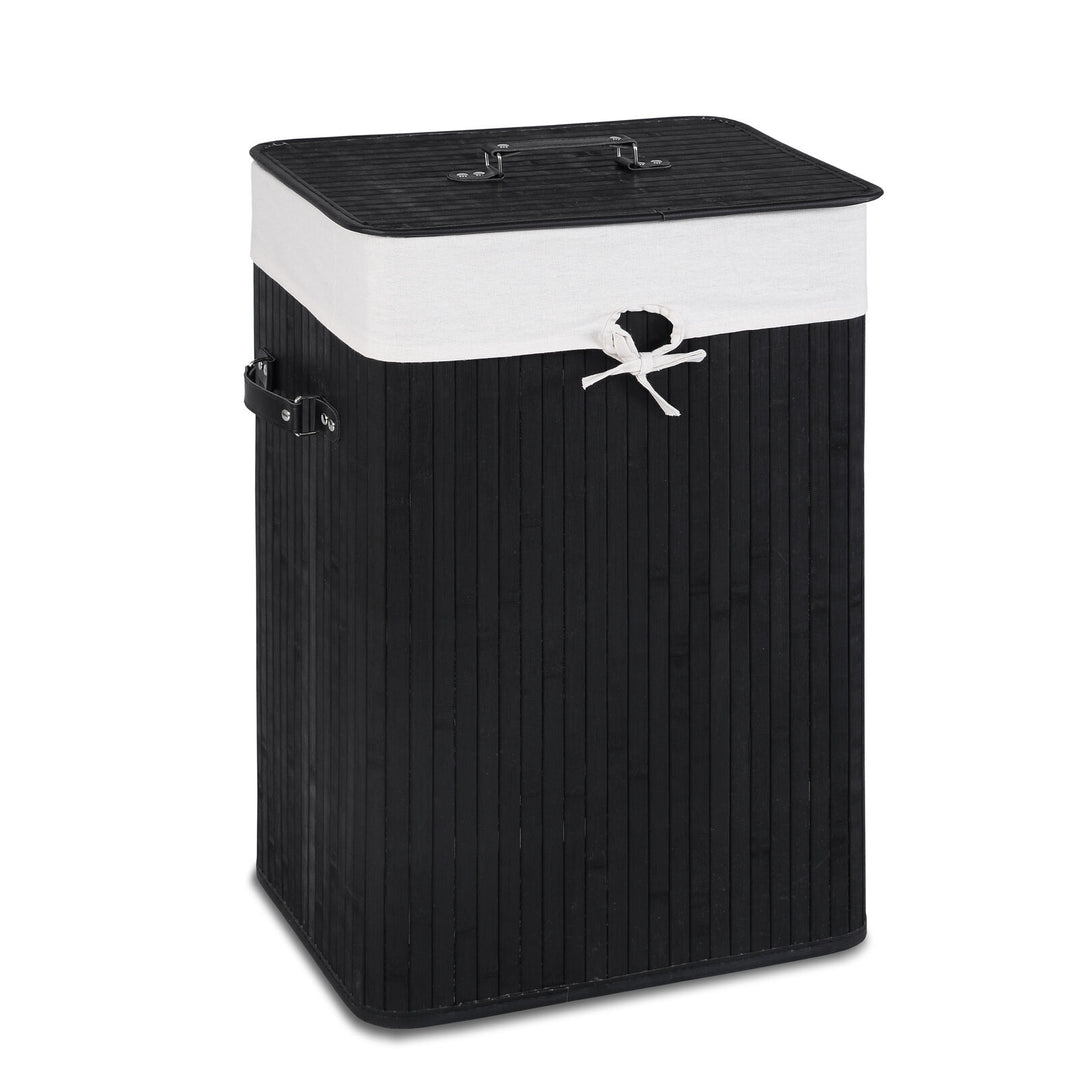 Costway Rectangle Bamboo Hamper Laundry Basket Washing Cloth Bin Rangier Lid Black - Black/White_0