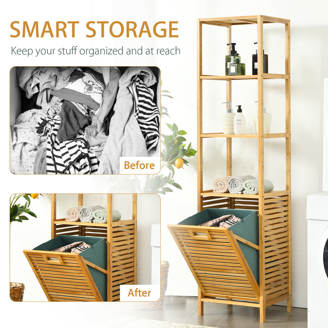 Costway Bathroom Tilt-out Laundry Hamper Bamboo Tower Hamper w/3-Tier Shelves - Natural Color_6