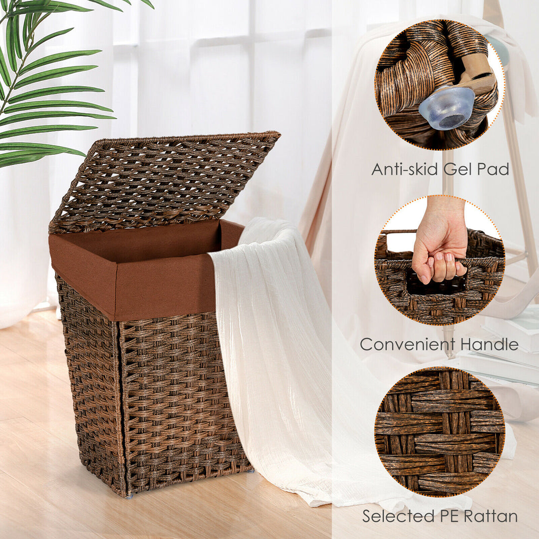 Costway Handwoven Laundry Hamper Foldable w/Removable Liner, Lid & Handles Brown - Brown_9