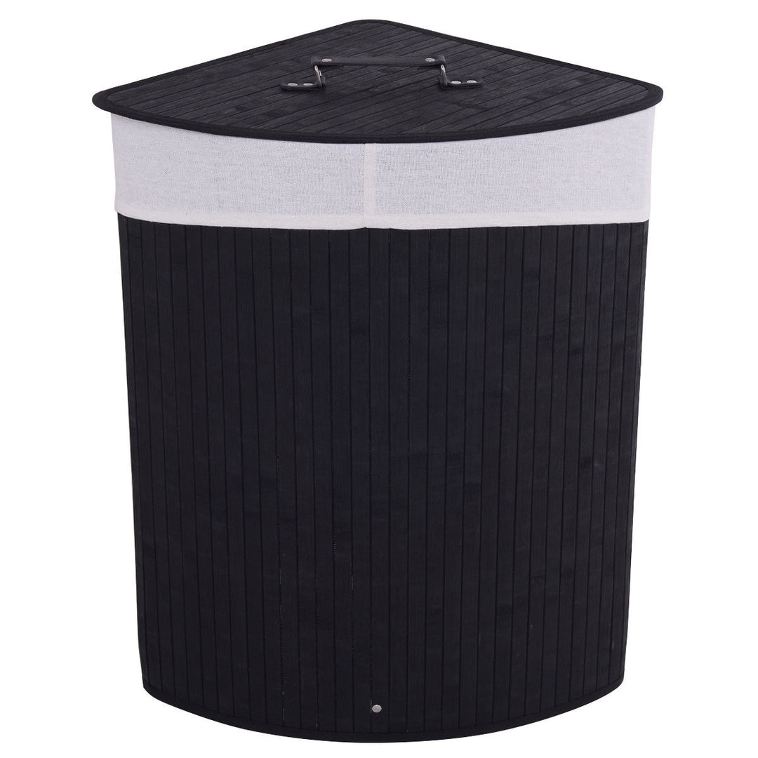 Costway Corner Bamboo Hamper Laundry Basket Washing Cloth Bin Storage Bag Lid Black - Black_8