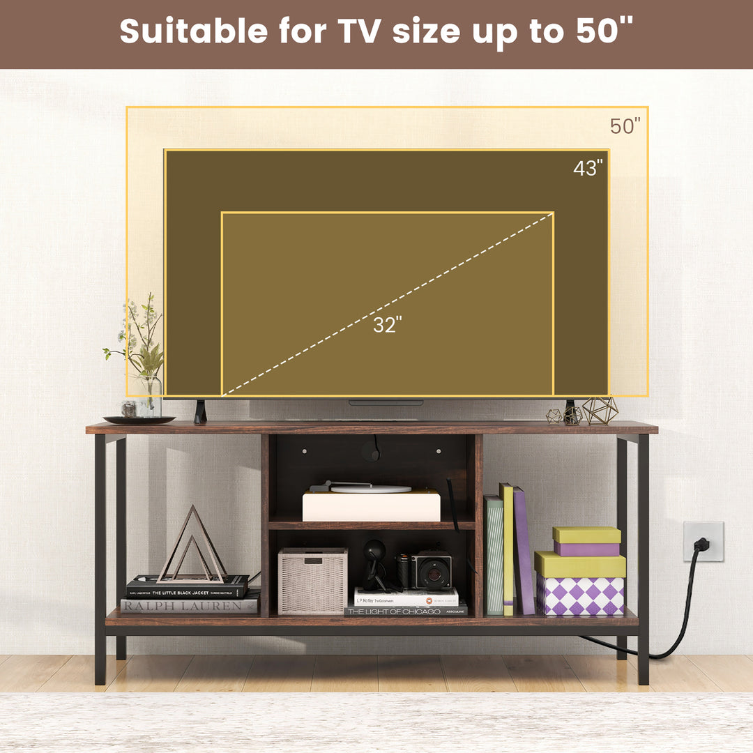 Costway - TV Console Table w/ Power Outlets 50" Industrial TV Stand w/ Open Shelves & Compartments - Rustic Brown/Black_6