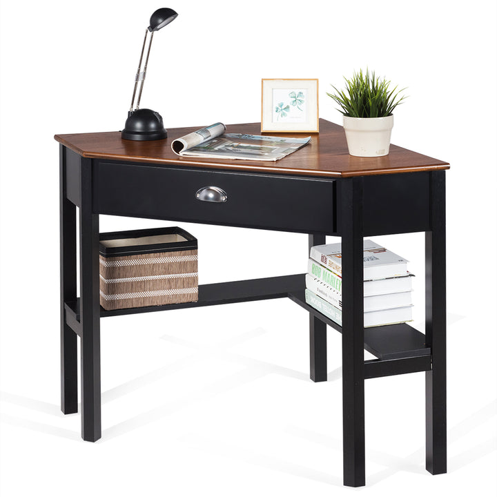 Costway - Triangle Computer Desk Corner Office Desk Laptop Table with Drawer Shelves - Rustic Coffee/Black_9