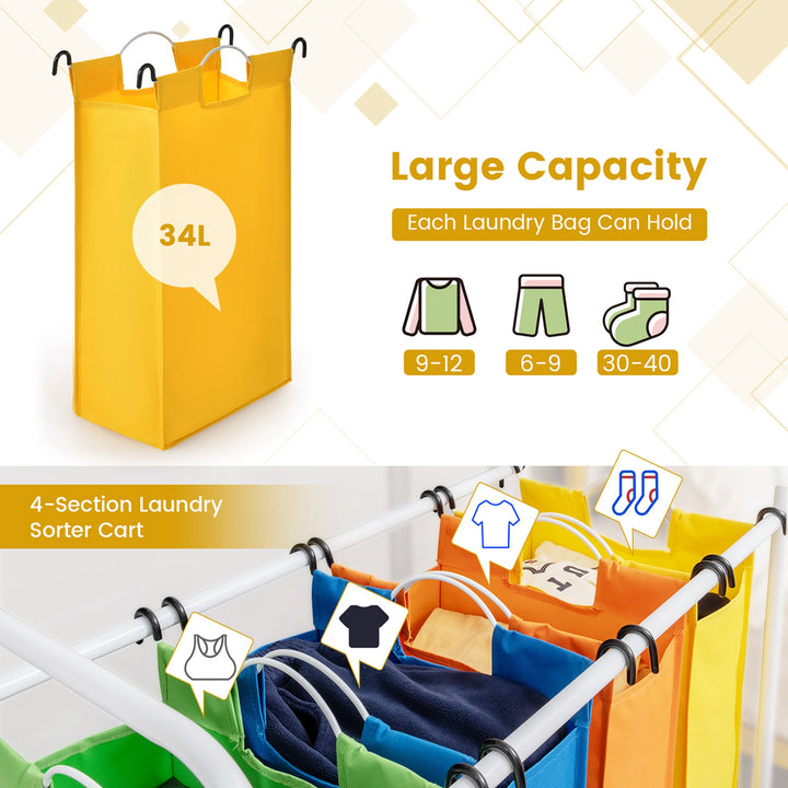 Costway 4 Bag Laundry Sorter Cart Clothes Hamper Storage Organizer Removable Bags Wheel - Multi_6