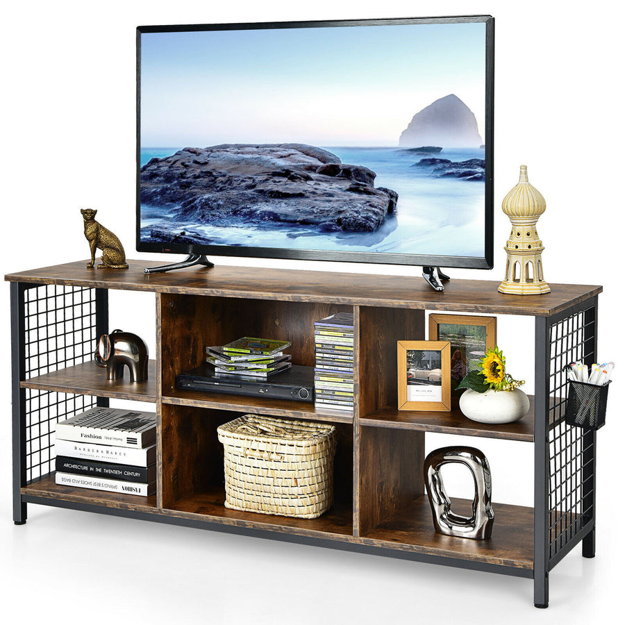 Costway - 3-Tier TV Stand for TV's up to 65'' Entertainment Media Center w/Storage Basket - Rustic Brown/Black_0