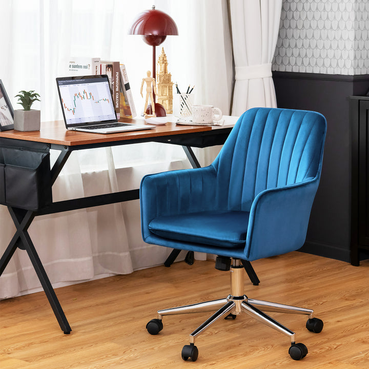 Costway - Velvet Accent Office Armchair Adjustable Swivel Removable Cushion - Blue_2