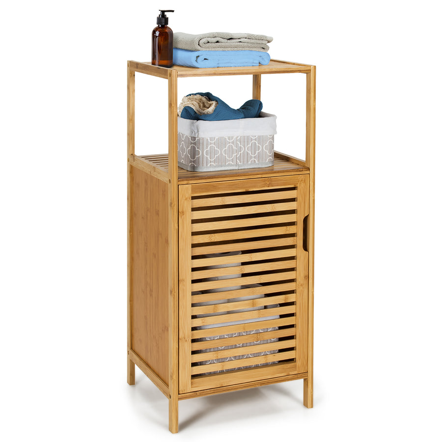 Costway Bamboo Bathroom Storage Floor Cabinet w/Door and Shelf Corner Cabinet - Burlywood_0