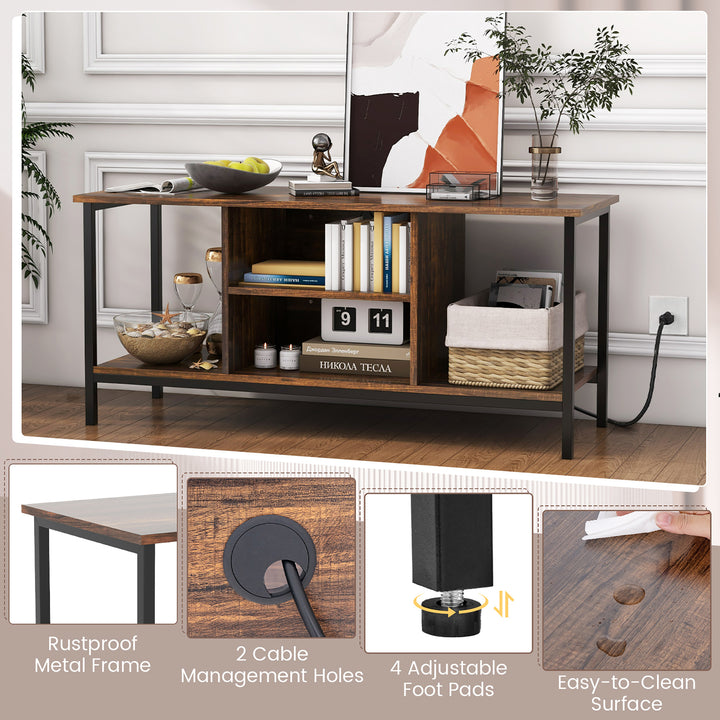 Costway - TV Console Table w/ Power Outlets 50" Industrial TV Stand w/ Open Shelves & Compartments - Rustic Brown/Black_4