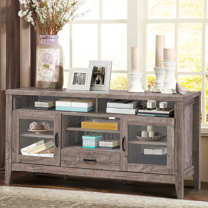 Costway - TV Stand Tall Entertainment Center Hold up to 65'' TV w/ Glass Storage & Drawer - Walnut_2