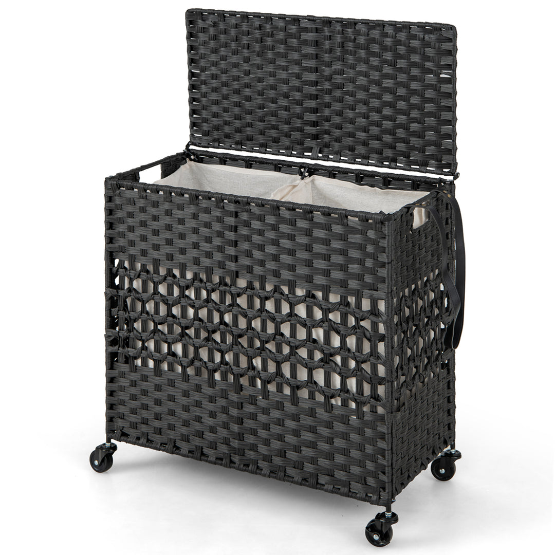 Costway 110L Laundry Hamper with Wheels Clothes Basket Lid & Handle & 2 Liner Bags Black - Black_9