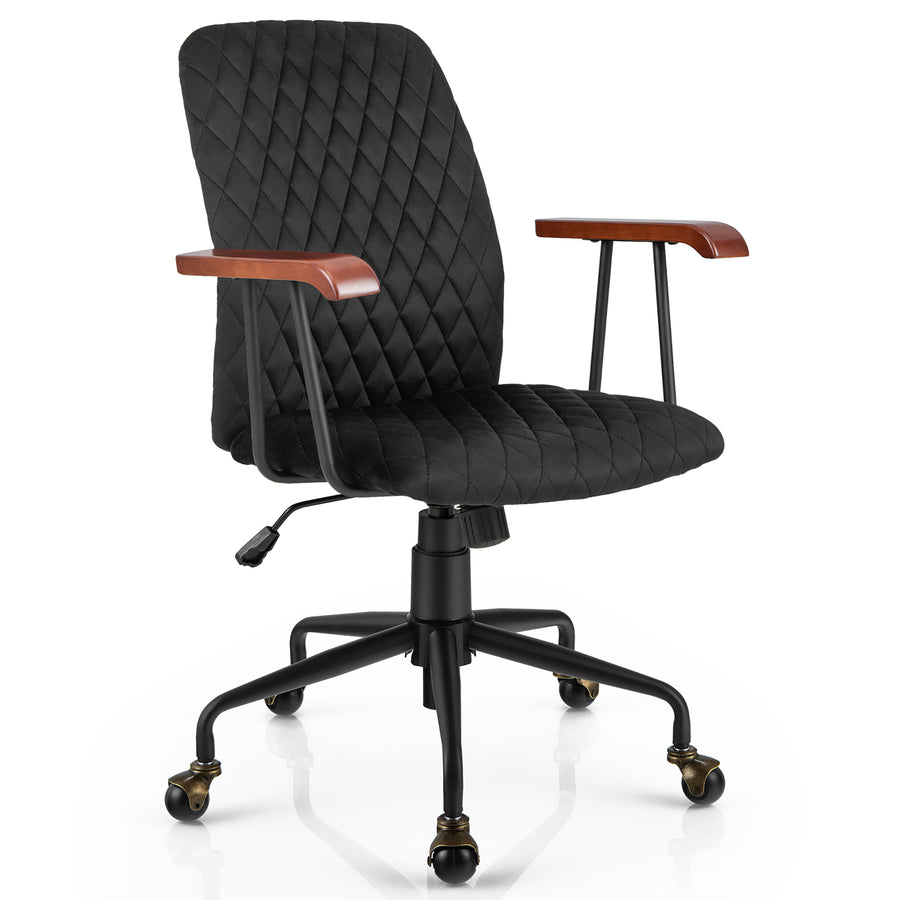 Costway - Velvet Home Office Chair Swivel Adjustable Task Chair with Wooden Armrest - Black_0