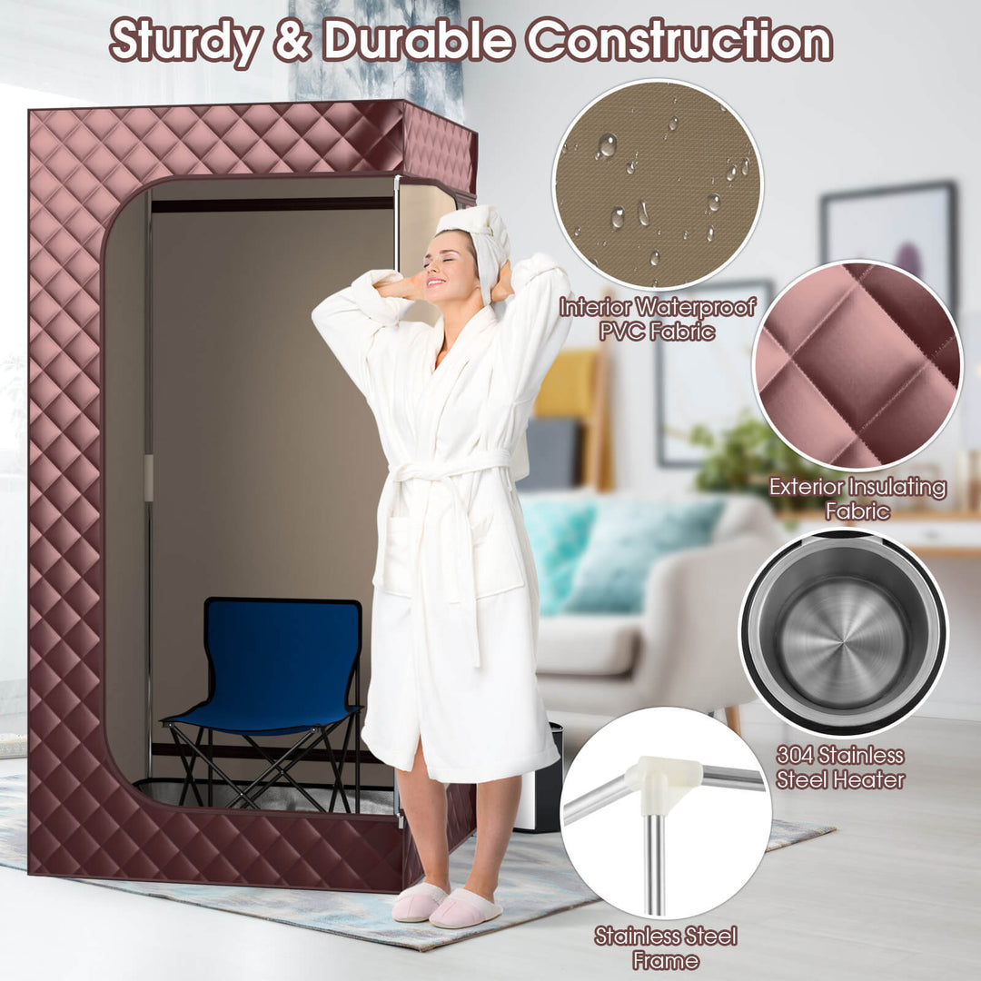 Costway - Portable Steam Sauna for Home Full Body Sauna Box with 3L Steam Generator - Brown_6